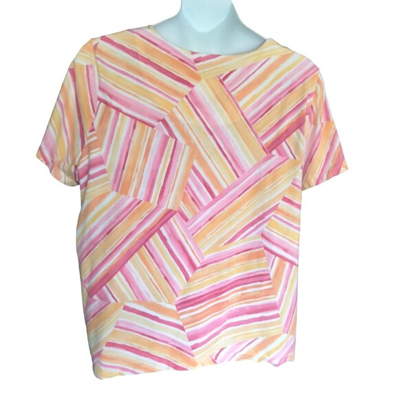 Alfred Dunner 3X Patch Striped Top Multicolor Gold Accent Neckline Short Sleeves - Picture 7 of 8